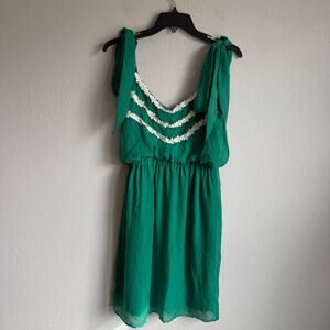 Judith March Green Tie Shoulder Strap Mini Dress Cream Rickrack Bodice Womens L
